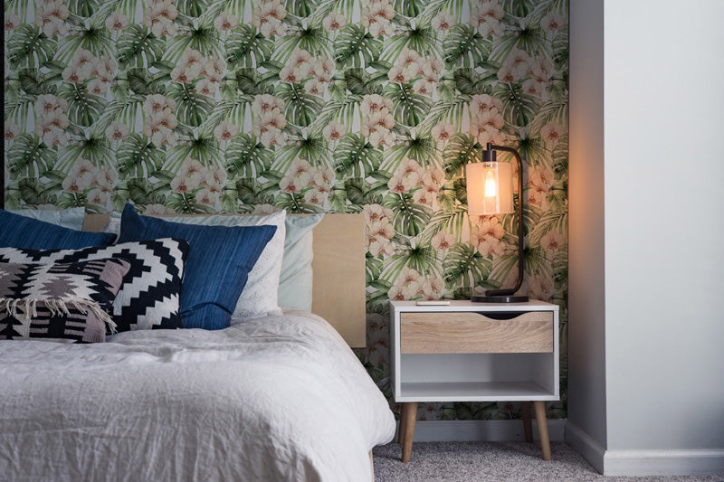 Orchid Oasis – Tropical Botanical Wallpaper in Soft Greens