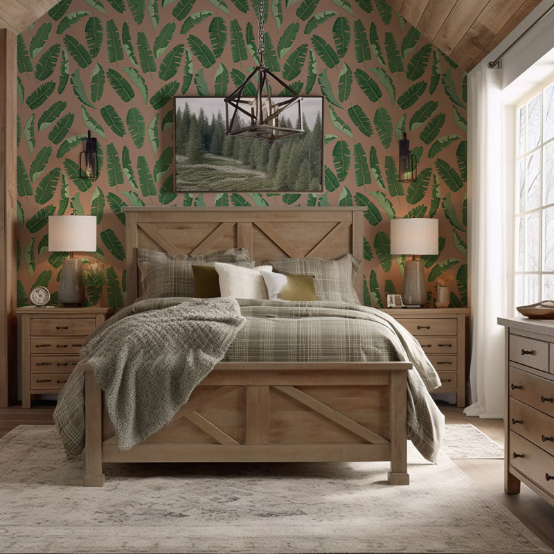 Bedroom with wooden bed, green wallpaper, and lamps.
