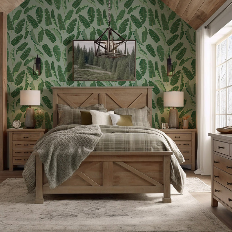 Bedroom with wooden bed, green wallpaper, and natural light.