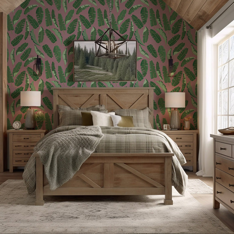 Bedroom with wooden bed, tropical wallpaper, and lamps.