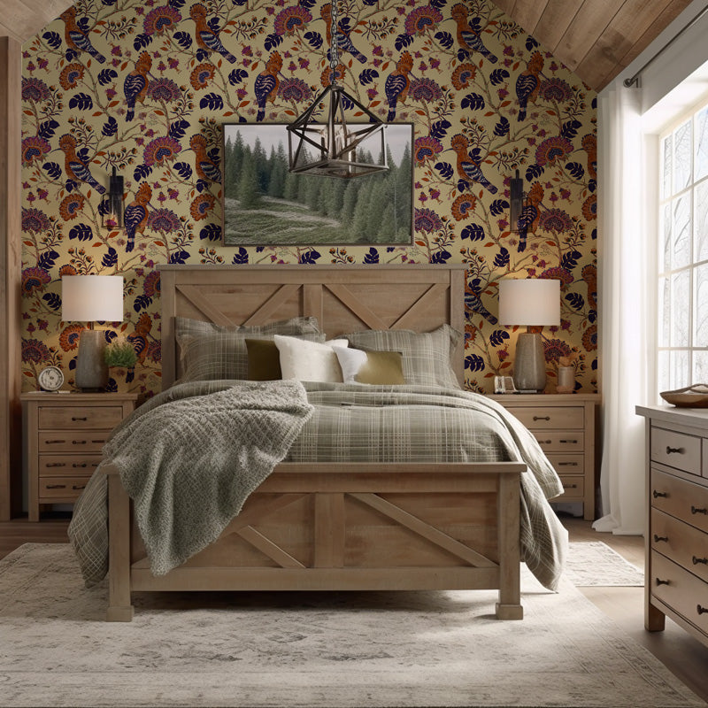 Spicebird Grove – Bird & Floral Wallpaper in Navy & Warm Tones