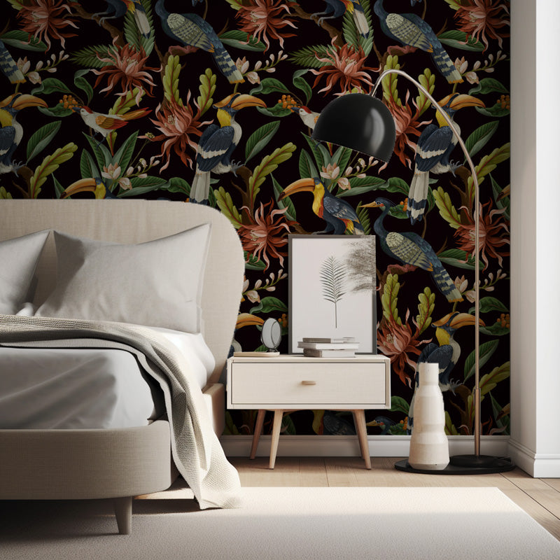 Modern bedroom with floral wallpaper, bed, and side table.