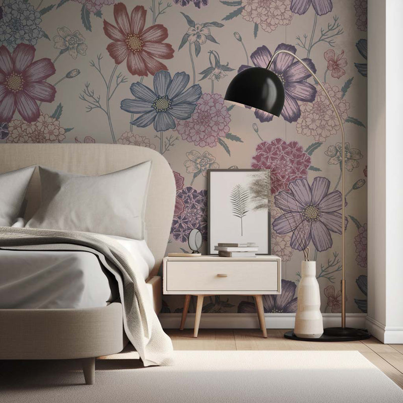Modern bedroom with floral wallpaper, bed, nightstand, and decorative elements.