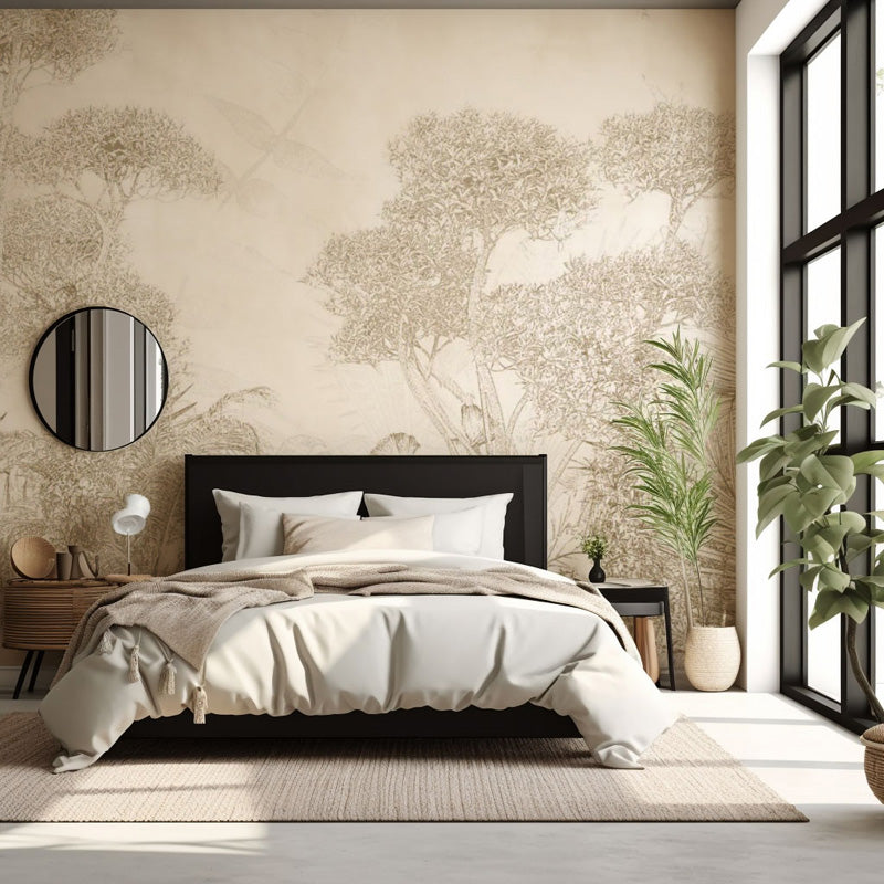 Kaleon Ethereal Forest Canopy botanical mural in soft white shown in a styled bedroom