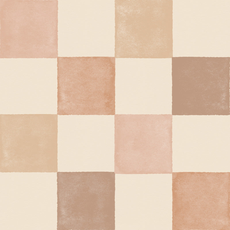 Checkered wallpaper pattern with alternating light and dark brown squares on a beige background