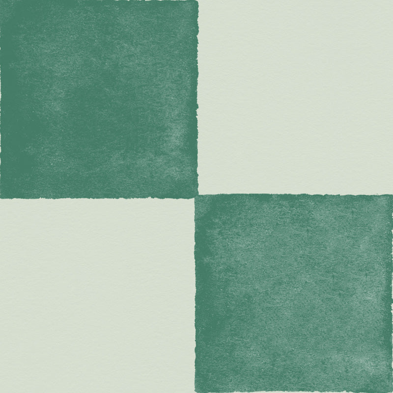 Square tiles with a green and beige checkered wallpaper pattern