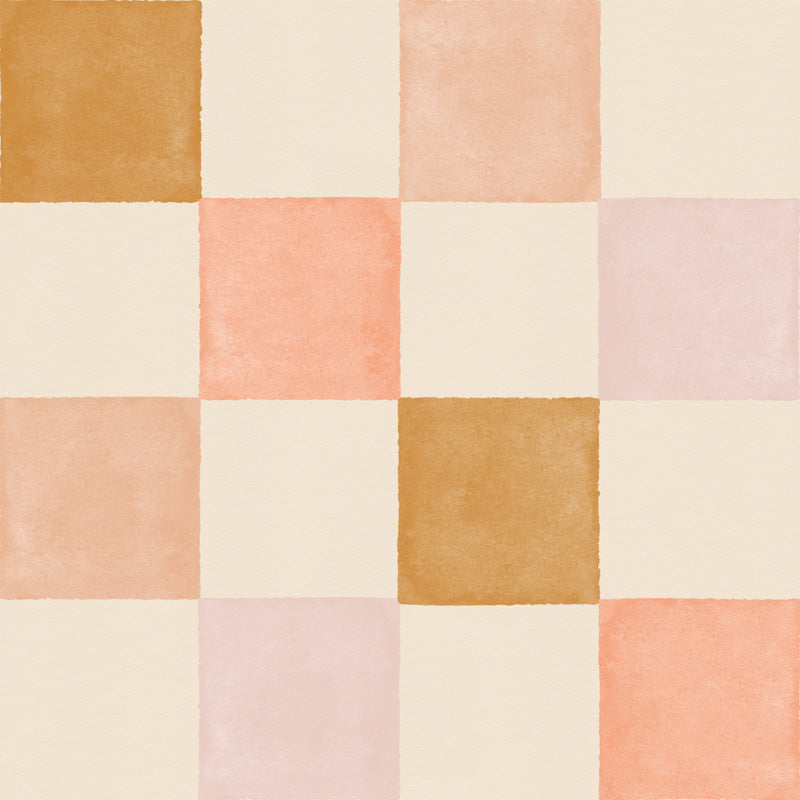 Checkered wallpaper pattern with squares in shades of pink, orange, and beige.