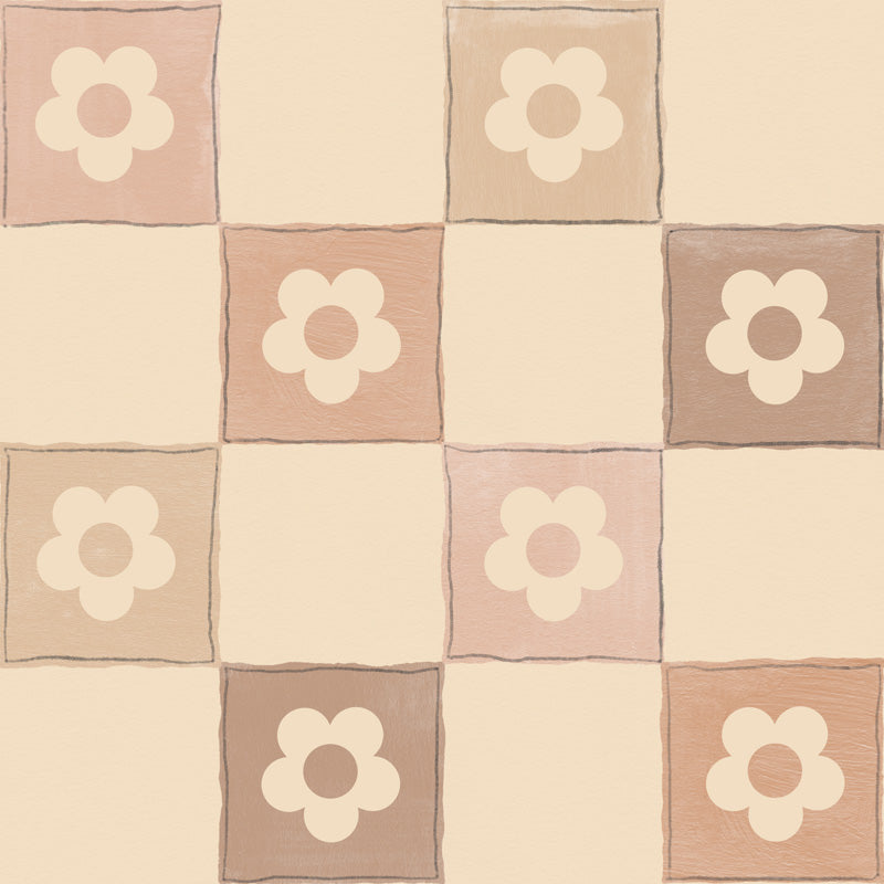 Wallpaper design with square tiles featuring floral designs in beige and brown tones.