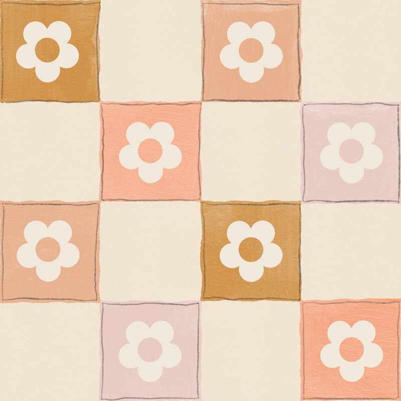 Patchwork wallpaper pattern with square blocks featuring white flower designs on a beige background