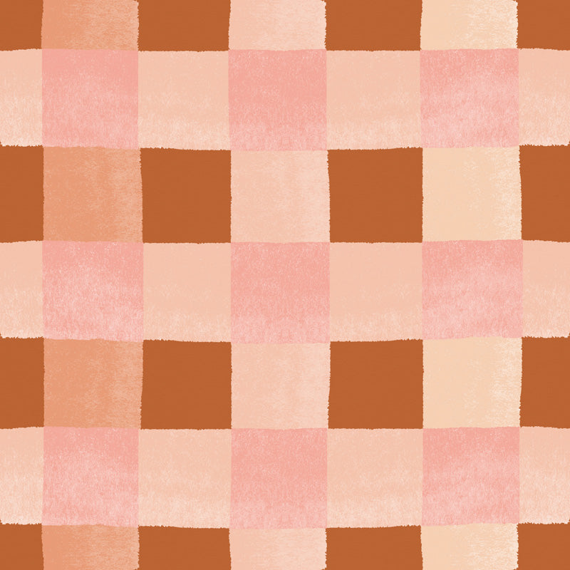 Checkered wallpaper design with alternating squares of pink and brown on a textured fabric background.