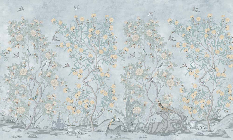 chinoiserie wallpaper with stylized trees and birds on a light blue background