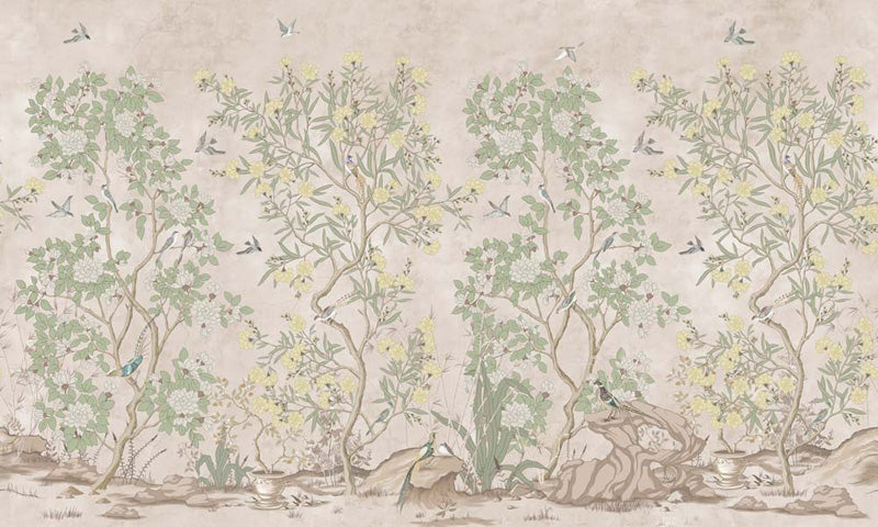 Chinoiserie wallpaper with stylized trees and birds on a beige background