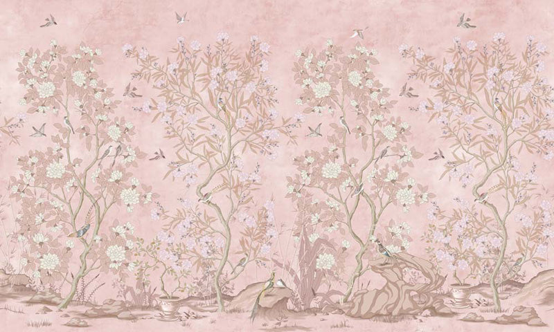 chinoiserie wallpaper with floral trees and birds on a pink background