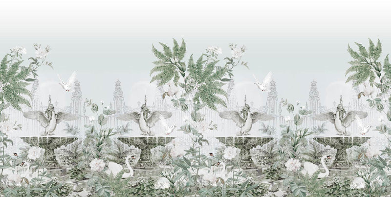 Decorative border with chinoiserie wallpaper designs on a light gray background