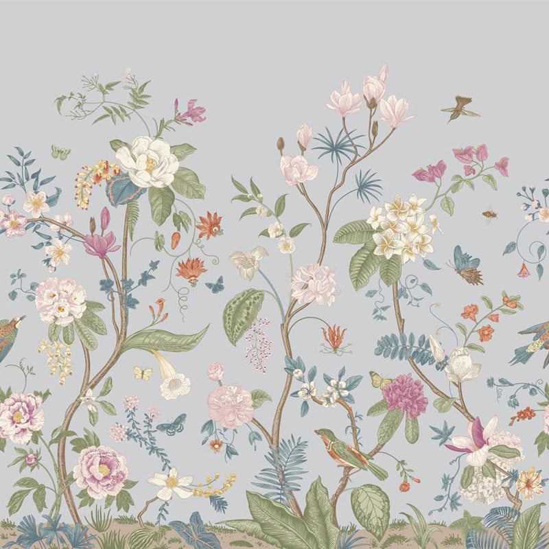 Floral and botanical wallpaper pattern on a light blue background
