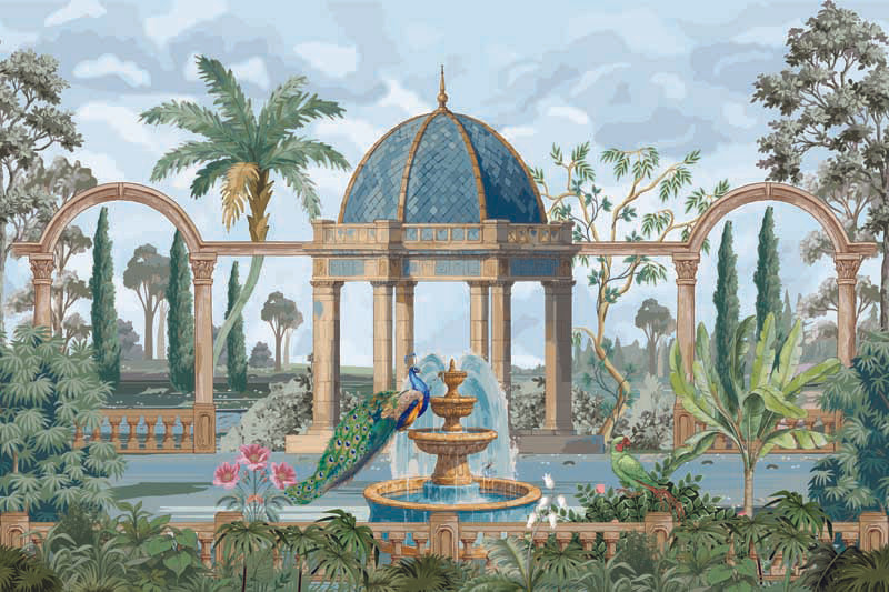 Decorative wallpaper garden scene with a fountain, gazebo, and palm trees.