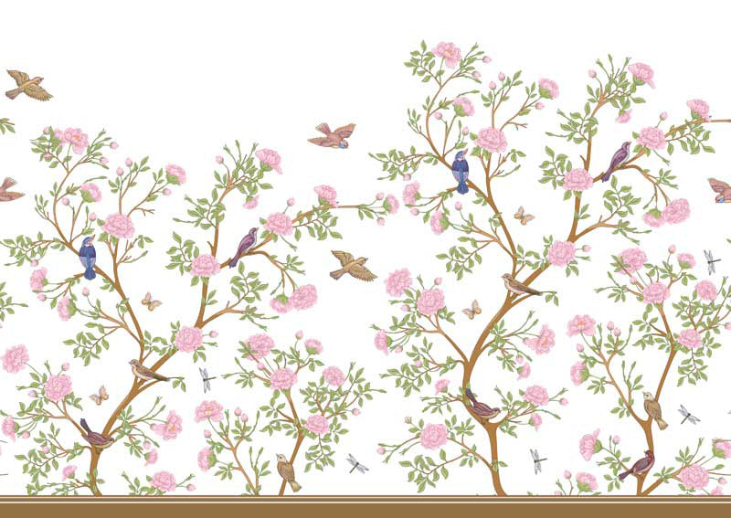 Chinoiserie wallpaper with floral branches and birds on a white background