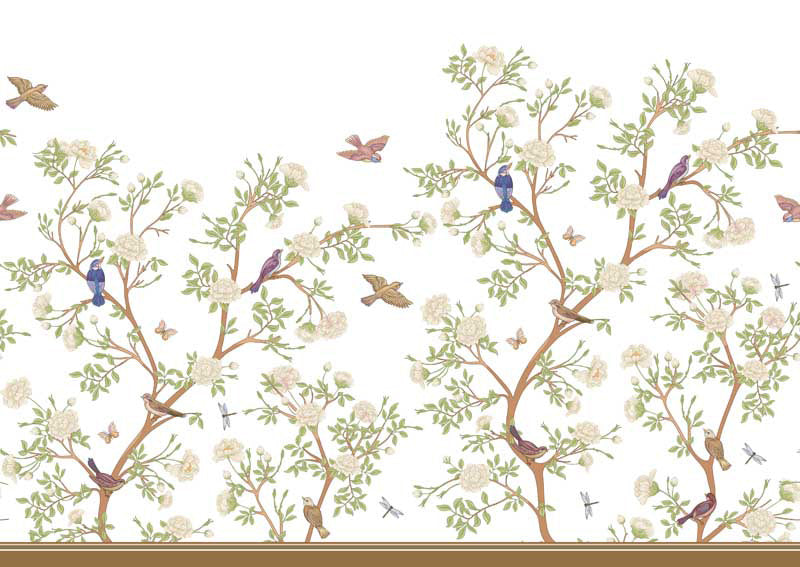Decorative chinoiserie  wallpaper with trees, birds, and butterflies on a white background