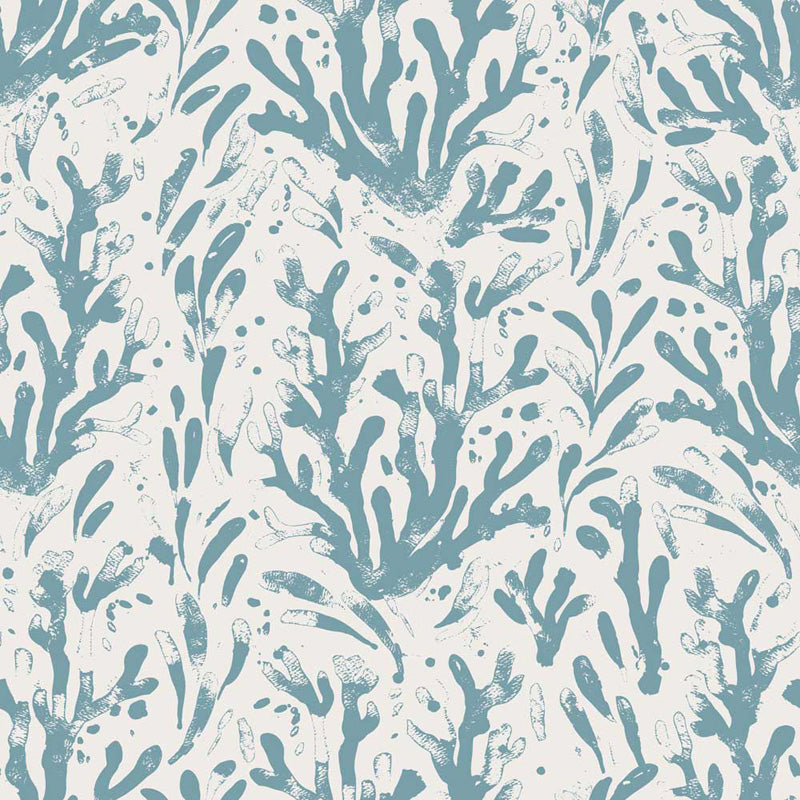 Wallpaper pattern of blue coral-like shapes on a light gray background