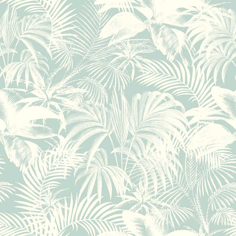 Blue wallpaper design of palm leaves on a light blue background