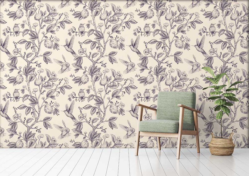 Floral Wallpaper in a room with a chair and plant.