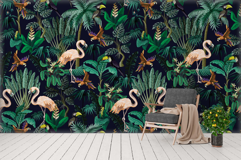 Tropical wallpaper with flamingos and birds in a room with a chair and plant.