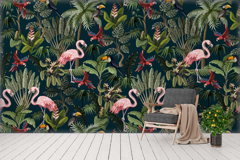 Tropical wallpaper with flamingos and foliage in a room with a chair and plant.