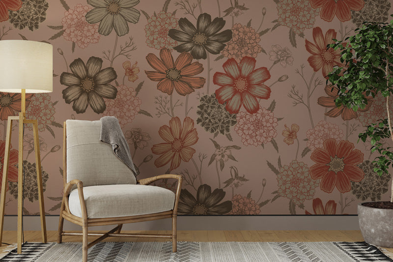 Living room with floral wallpaper, armchair, and lamp.