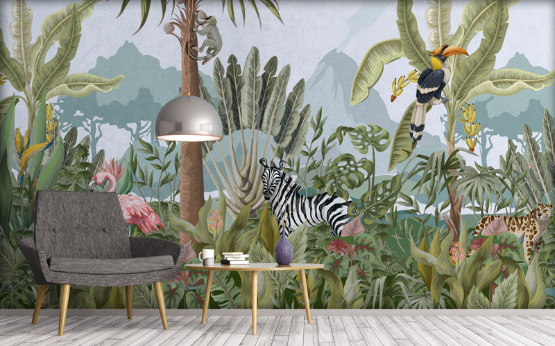 Room interior with a zebra plush toy in front of a jungle wallpaper.