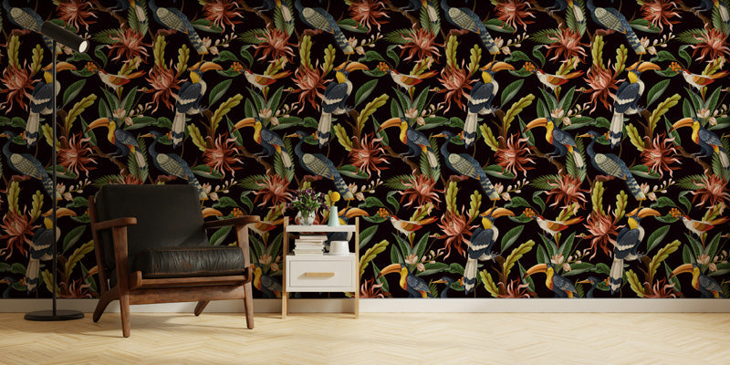 Room interior with a chair and table against a wall with a floral Wallpaper