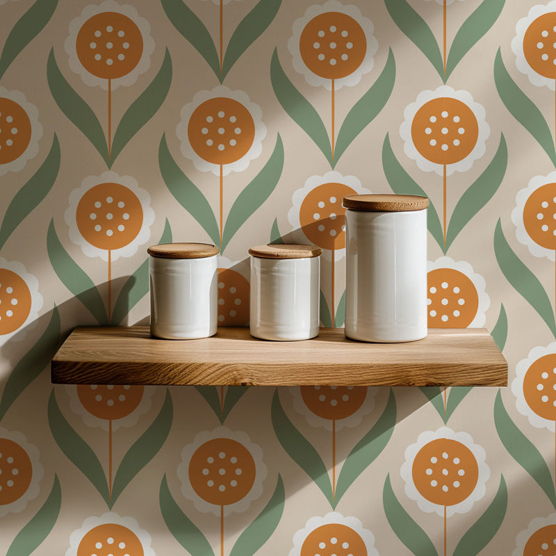 Folk Petal – Retro Floral Wallpaper in Warm Neutrals