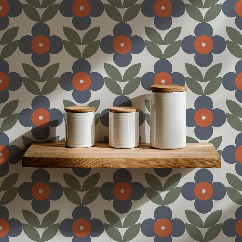Nordic Bloom – Folk Floral Wallpaper in Blue and Olive