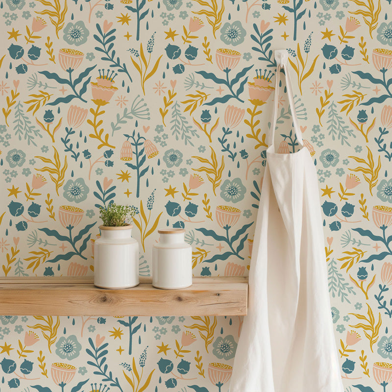 Floral wallpaper with a wooden shelf and white jars in the foreground