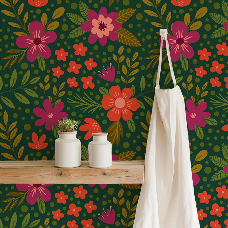 Forest Fiesta Floral Wallpaper – Playful Botanical Design