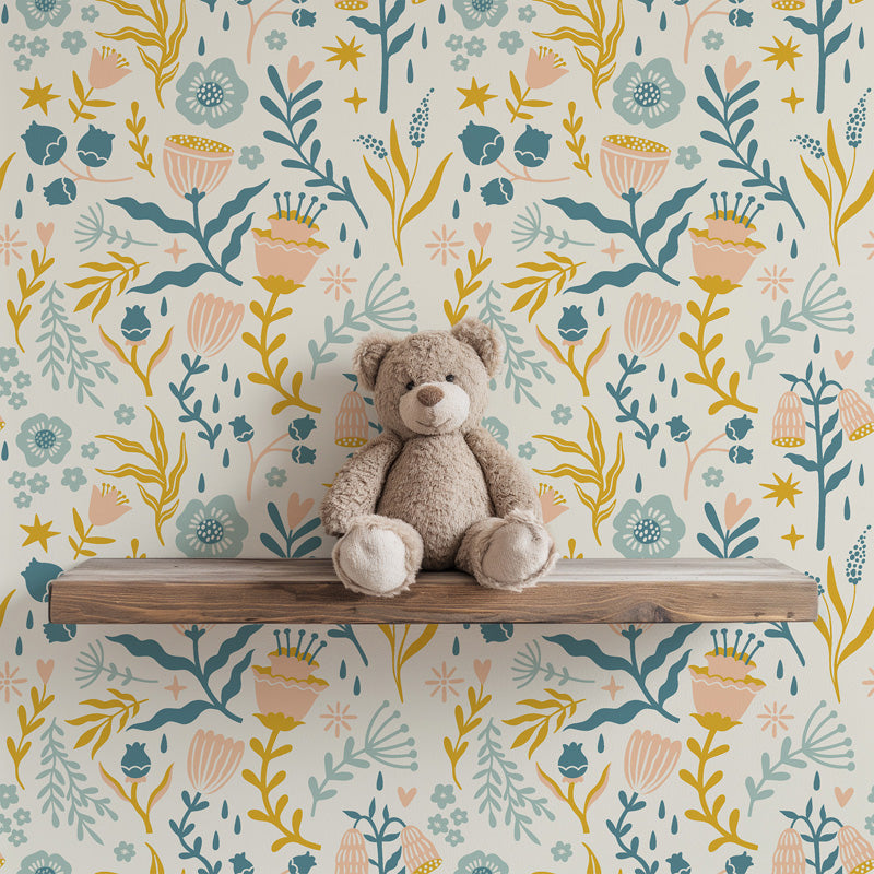 Teddy bear on a wooden shelf against a floral wallpaper background