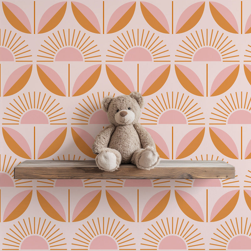 Sunrise Folk – Retro Geometric Wallpaper in Blush and Ochre