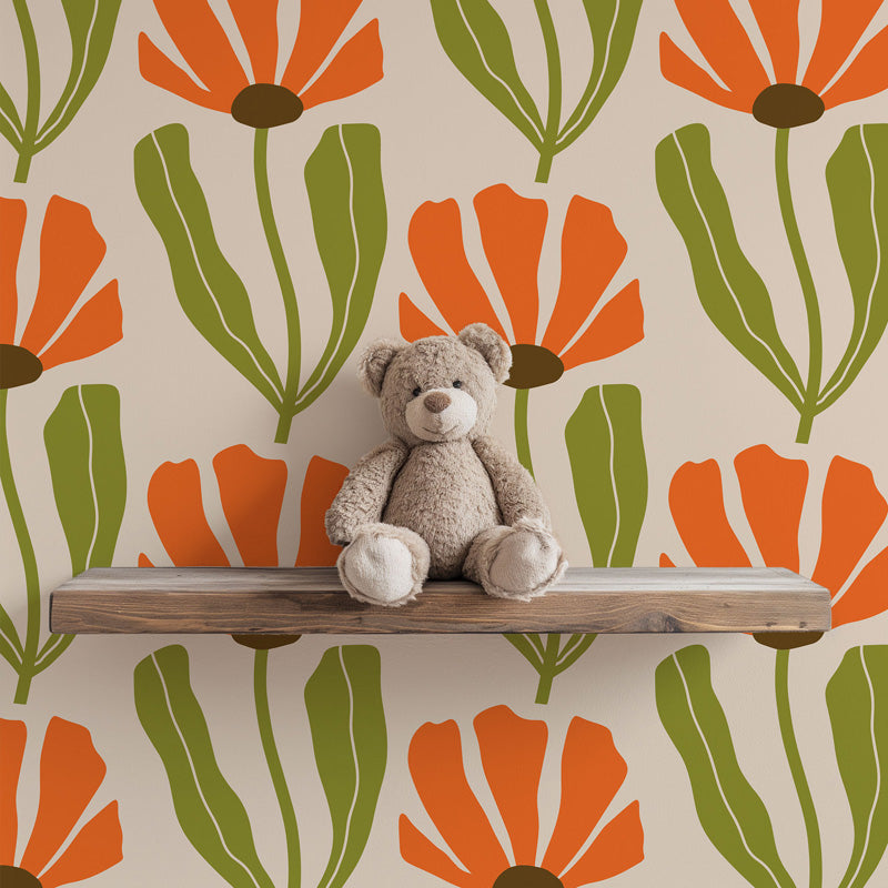 Marigold Folk Floral Wallpaper – Retro Botanical Design
