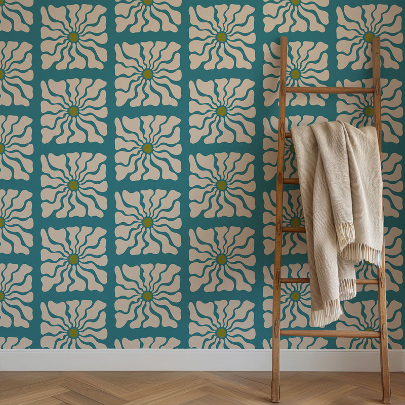 Sunburst Tile Floral Wallpaper – Retro Geometric Design
