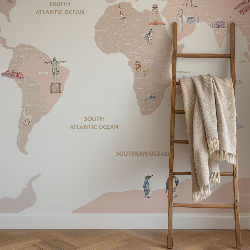 Soft Illustrated World Map Mural – Pastel Educational Design