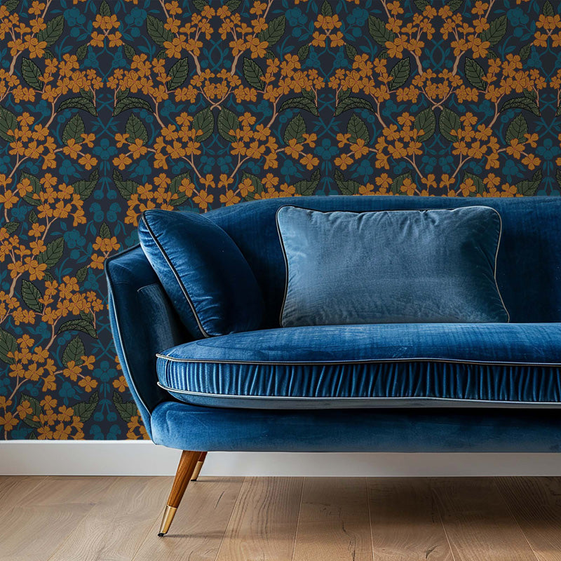 Midnight Botanica Floral Wallpaper – Decorative Botanical Pattern