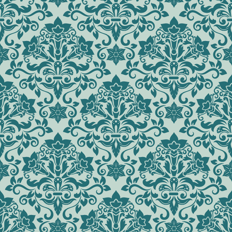 Teal floral damask wallpaper pattern on a light blue background