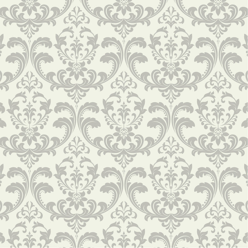 Decorative wallpaper pattern with swirls and flourishes on a light gray background