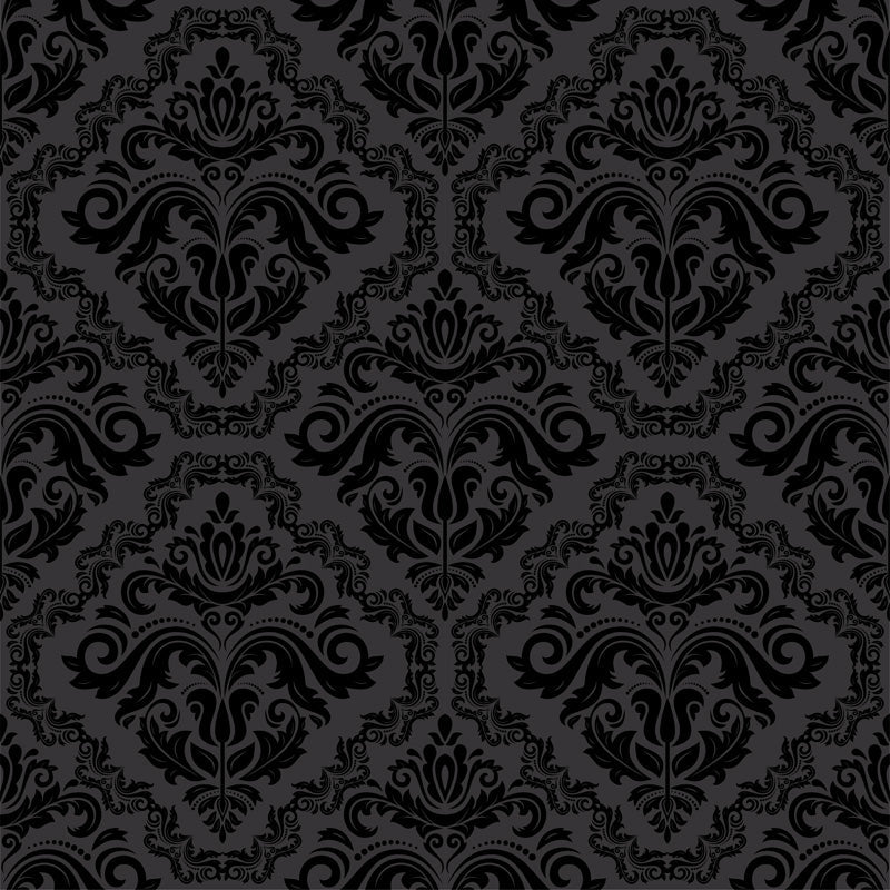Dark wallpaper design with intricate black floral damask pattern