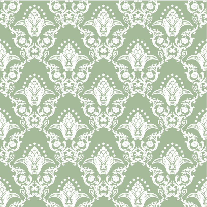 Decorative white wallpaper pattern on a green background