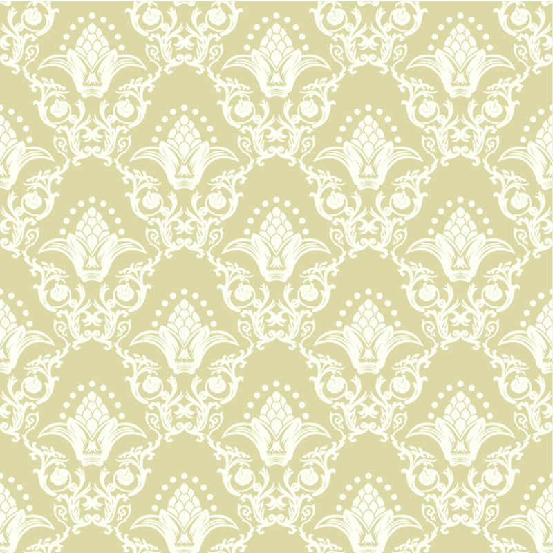 Decorative wallpaper pattern with white flourishes on a light yellow background