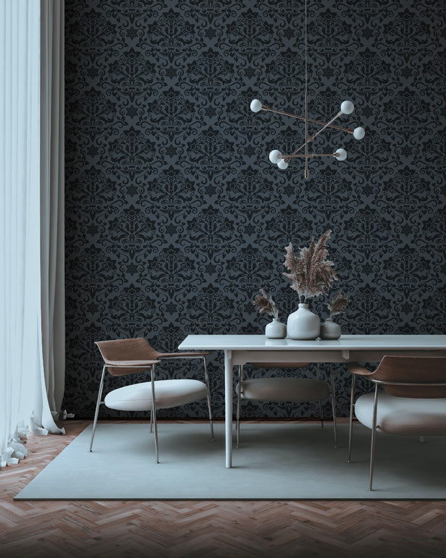 Modern dining room with dark wallpaper, table, chairs, and decorative elements.