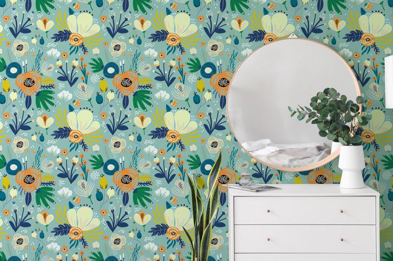 Floral Garden Folk Art Wallpaper