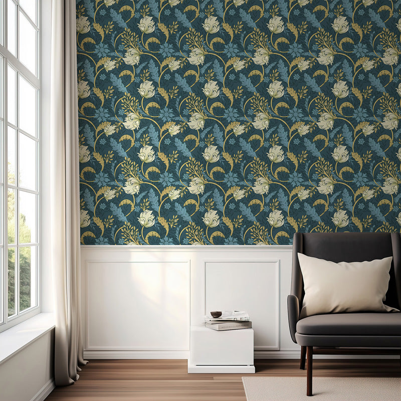 Ornate Blue Garden Floral Wallpaper