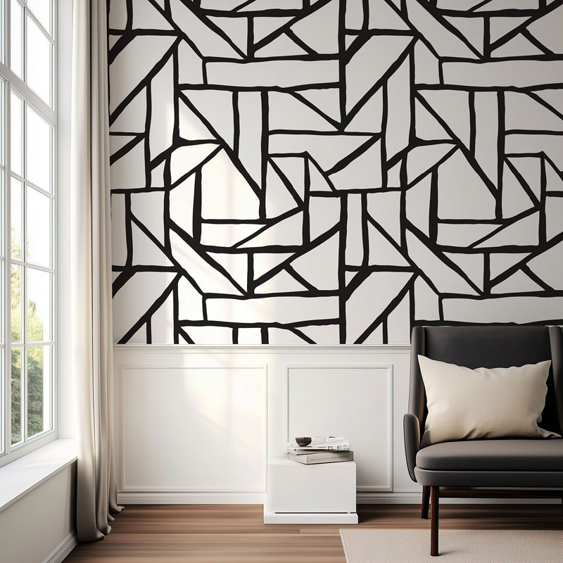 Fragmented Pathways – Hand-Drawn Abstract Wallpaper in Monochrome or Soft Green