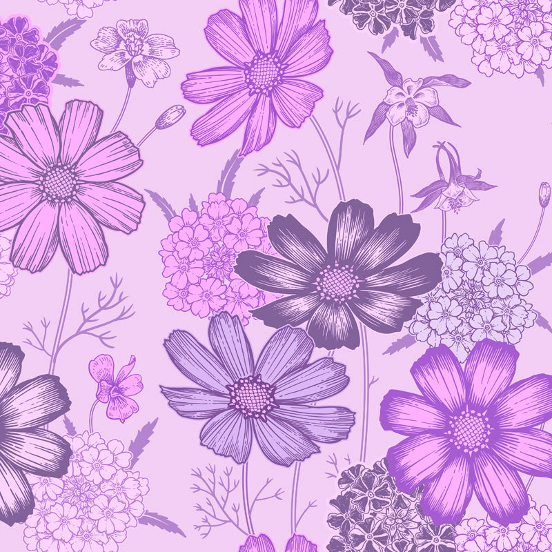 Pattern of purple flowers wallpaper on a pink background
